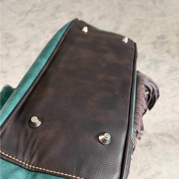 Trinity Ranch Western Studded Fringe Tote Teal Brown Leather NWT - Picture 15 of 16